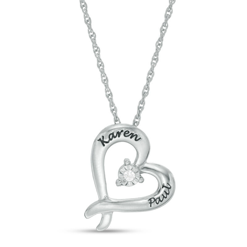 Couple's Diamond Accent Tilted Criss-Cross Heart Pendant in Sterling Silver (2 Names)