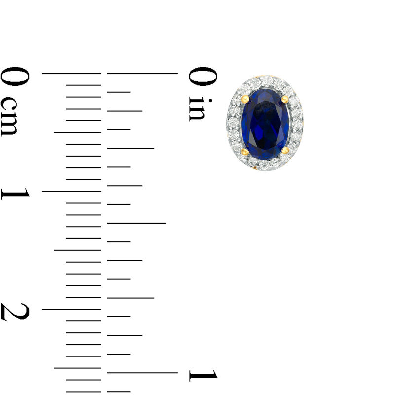 Main Image 4 of Oval Lab-Created Blue Sapphire and 0.14 CT. T.W. Diamond Frame Stud Earrings in 10K White, Yellow or Rose Gold