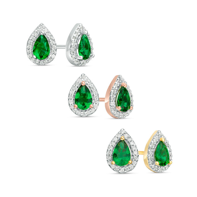 Pear-Shaped Lab-Created Emerald and 0.148 CT. T.W. Diamond Frame Stud Earrings in 10K White, Yellow or Rose Gold