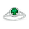 Thumbnail Image 0 of 6.0mm Lab-Created Emerald and 0.29 CT. T.W. Diamond Frame Split Shank Ring in 10K White Gold