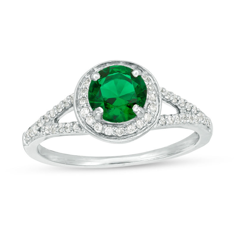 6.0mm Lab-Created Emerald and 0.29 CT. T.W. Diamond Frame Split Shank Ring in 10K White Gold