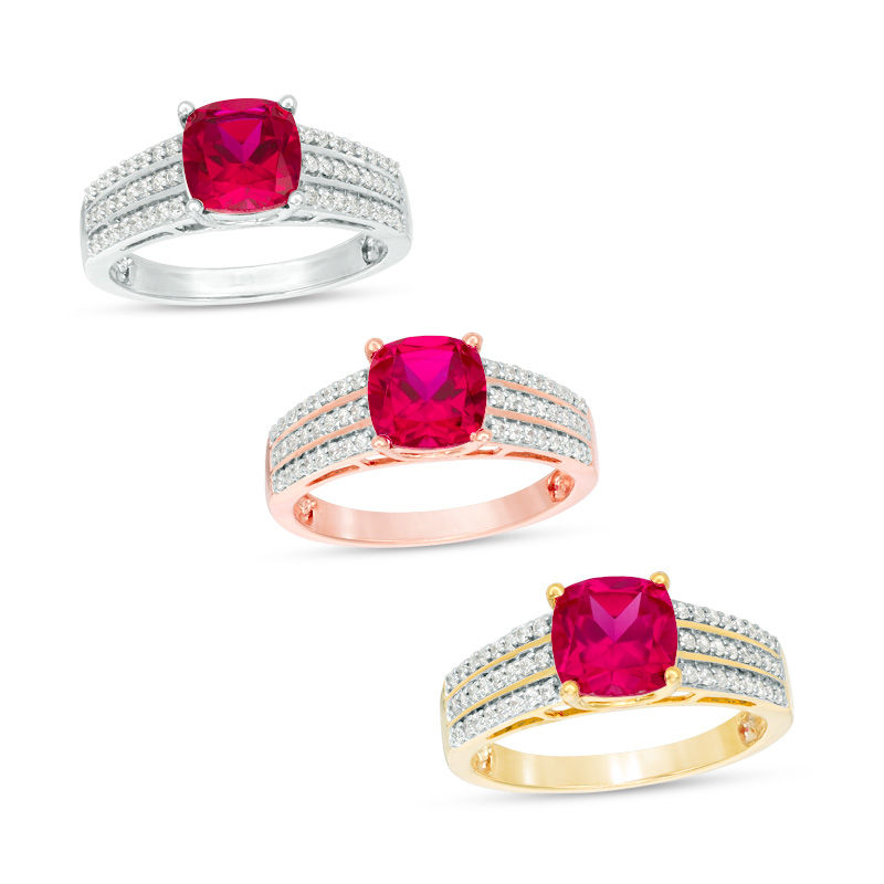 7.0mm Cushion-Cut Lab-Created Ruby and 0.23 CT. T.W. Diamond Triple Row Ring in 10K White, Yellow or Rose Gold