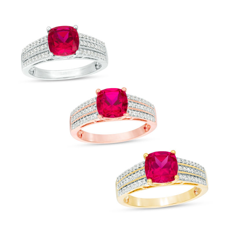 7.0mm Cushion-Cut Lab-Created Ruby and 0.23 CT. T.W. Diamond Triple Row Ring in 10K White, Yellow or Rose Gold|Peoples Jewellers