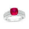 Thumbnail Image 1 of 7.0mm Cushion-Cut Lab-Created Ruby and 0.23 CT. T.W. Diamond Triple Row Ring in 10K White, Yellow or Rose Gold
