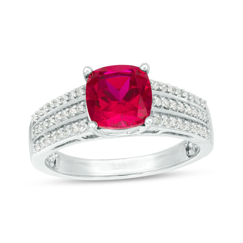 7.0mm Cushion-Cut Lab-Created Ruby and 0.23 CT. T.W. Diamond Triple Row Ring in 10K White, Yellow or Rose Gold