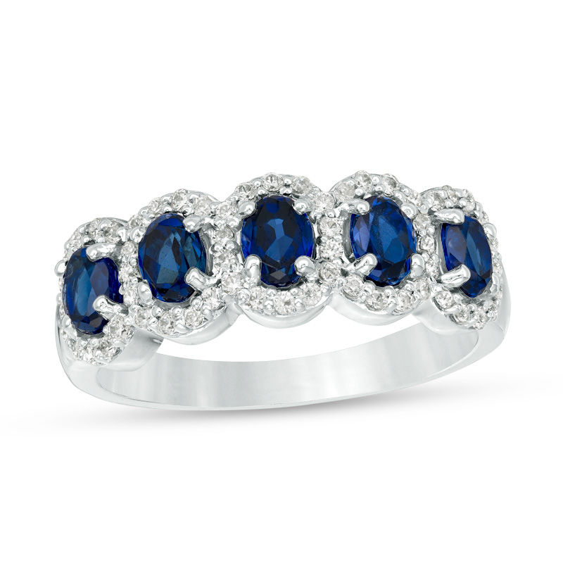 Oval Lab-Created Blue Sapphire and 0.29 CT. T.W. Diamond Frame Five Stone Ring in 10K White Gold|Peoples Jewellers