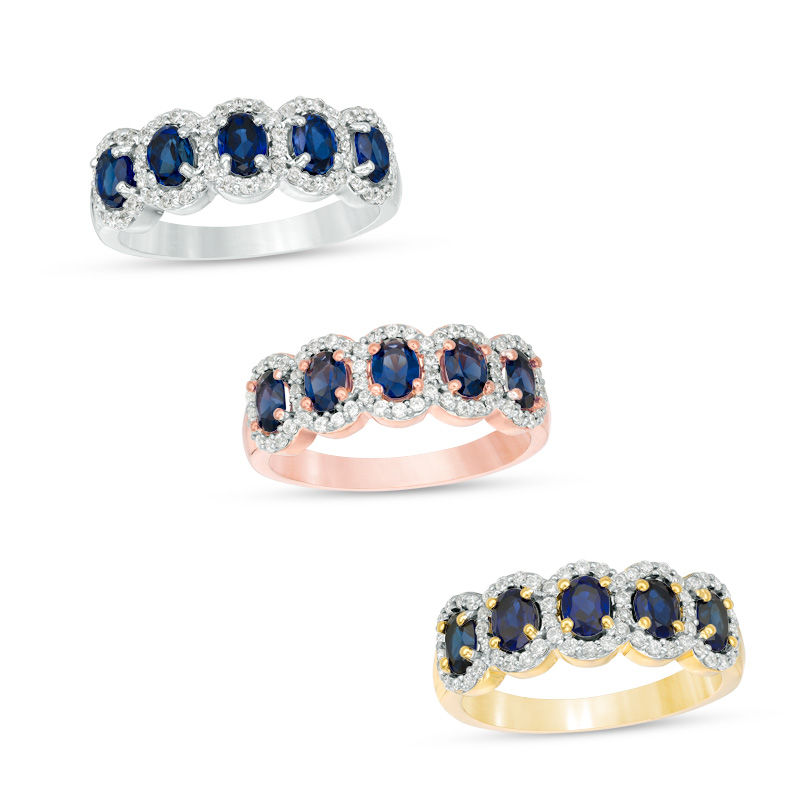 Oval Lab-Created Blue Sapphire and 0.29 CT. T.W. Diamond Frame Five Stone Ring in 10K White, Yellow or Rose Gold