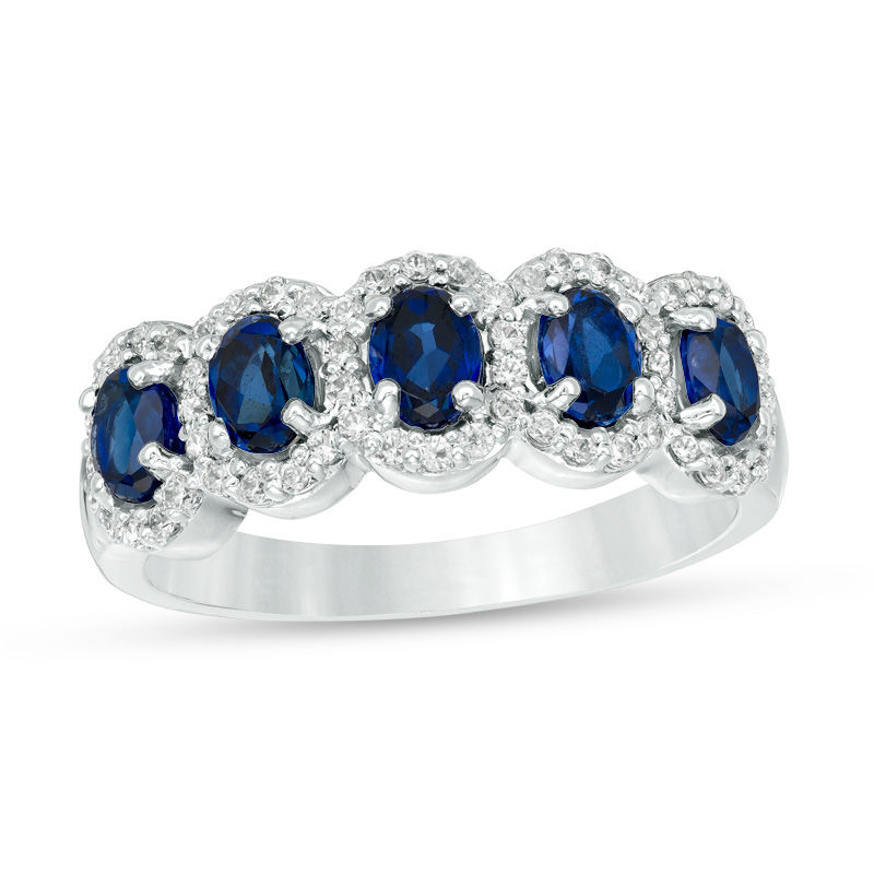 Oval Lab-Created Blue Sapphire and 0.29 CT. T.W. Diamond Frame Five Stone Ring in 10K White, Yellow or Rose Gold