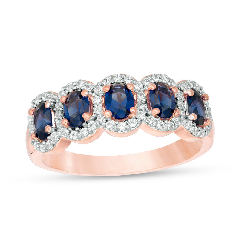 Oval Lab-Created Blue Sapphire and 0.29 CT. T.W. Diamond Frame Five Stone Ring in 10K White, Yellow or Rose Gold