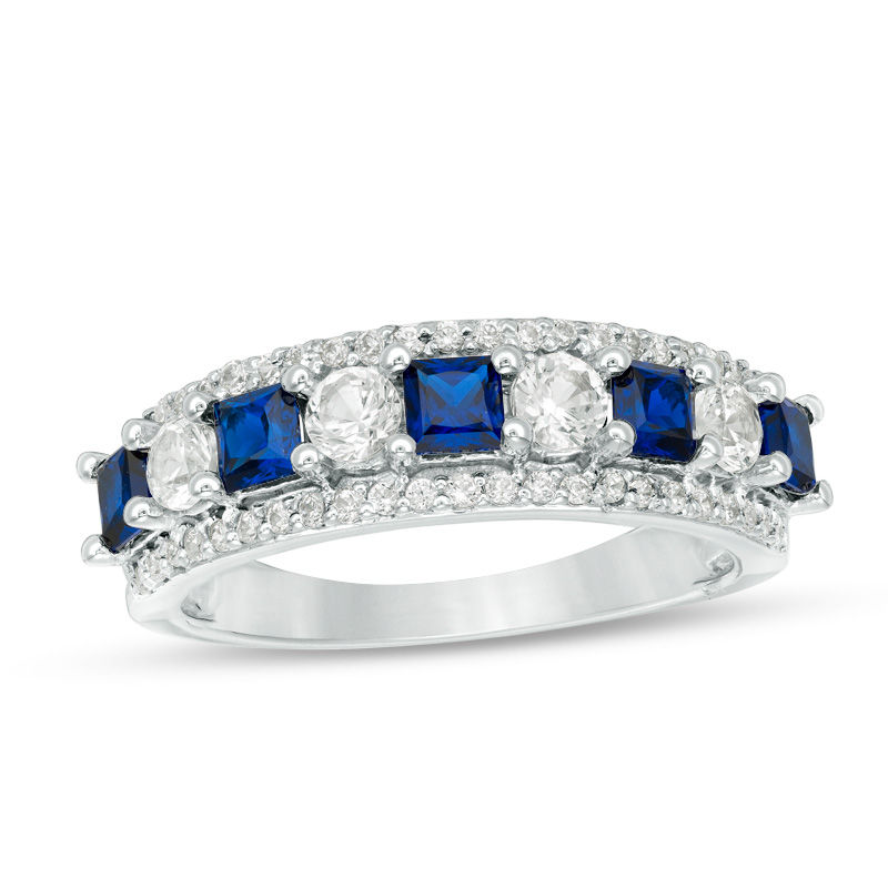 Princess-Cut Lab-Created Blue and White Sapphire with 0.23 CT. T.W. Diamond Alternating Motif Ring in 10K White Gold