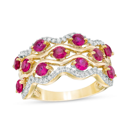 3.0mm Lab-Created Ruby and 0.23 CT. T.W. Diamond Multi-Row Wave Ring in 10K Gold 3.0mm Lab-Created Ruby and 0.23 CT. T.W. Diamond Multi-Row Wave Ring in 10K Gold