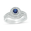 Thumbnail Image 1 of 4.0mm Lab-Created Blue Sapphire and 0.23 CT. T.W. Diamond Frame Bridal Set in 10K White, Yellow or Rose Gold