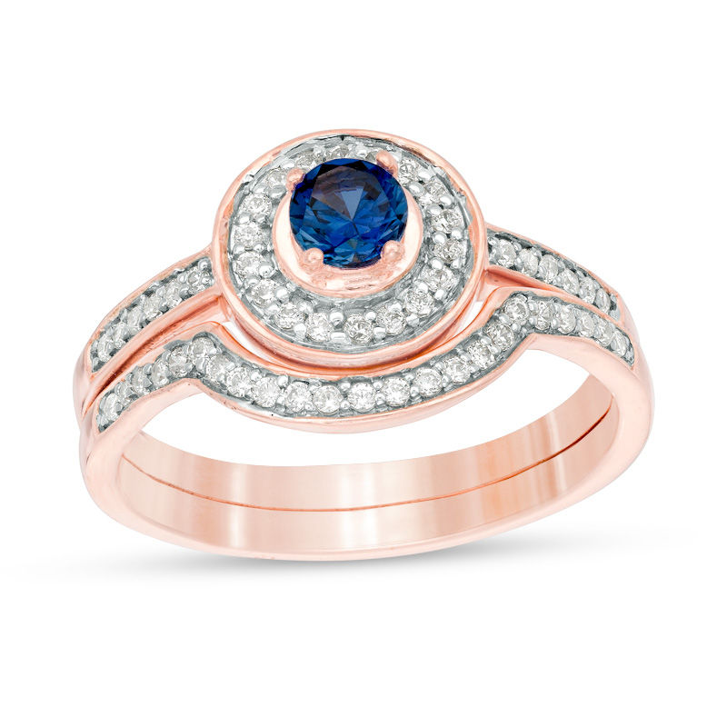 4.0mm Lab-Created Blue Sapphire and 0.23 CT. T.W. Diamond Frame Bridal Set in 10K White, Yellow or Rose Gold