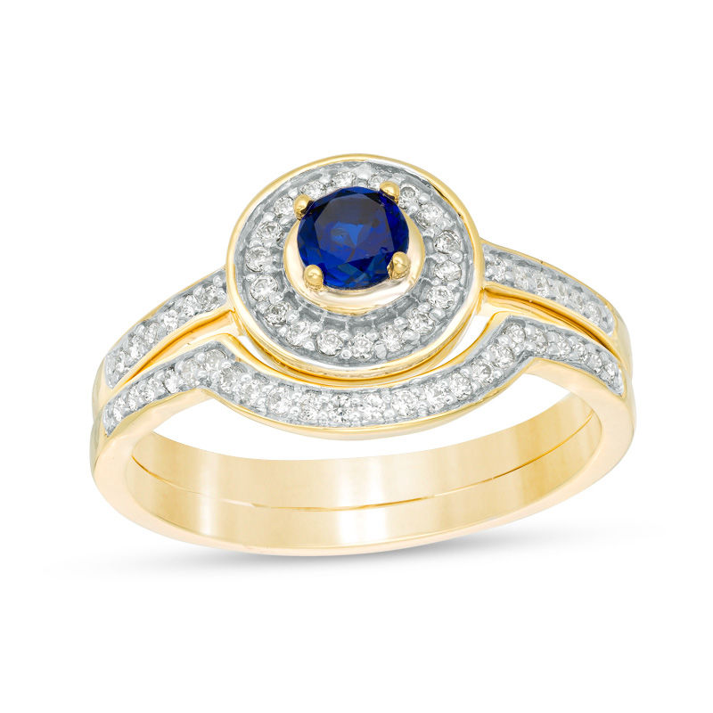 4.0mm Lab-Created Blue Sapphire and 0.23 CT. T.W. Diamond Frame Bridal Set in 10K White, Yellow or Rose Gold