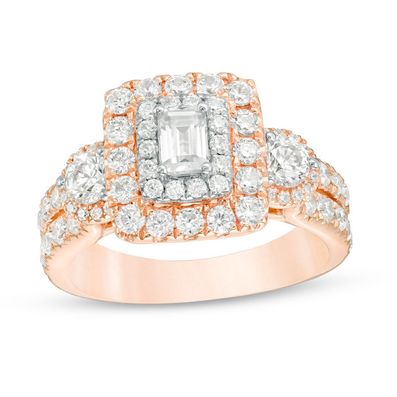 1.95 CT. T.W. Emerald-Cut Diamond Past Present Future® Frame Engagement Ring in 14K Rose Gold