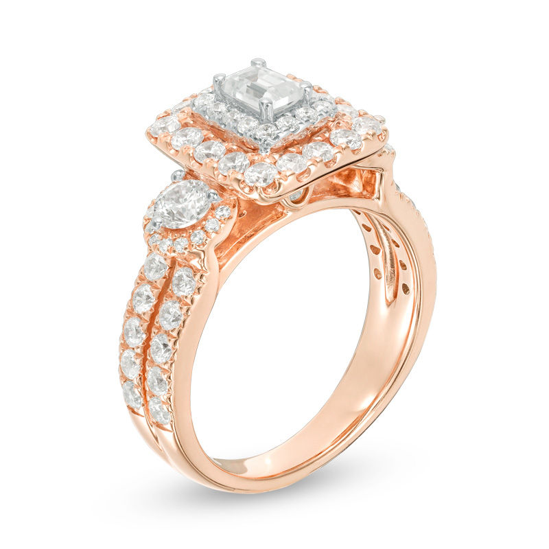 1.95 CT. T.W. Emerald-Cut Diamond Past Present Future® Frame Engagement Ring in 14K Rose Gold