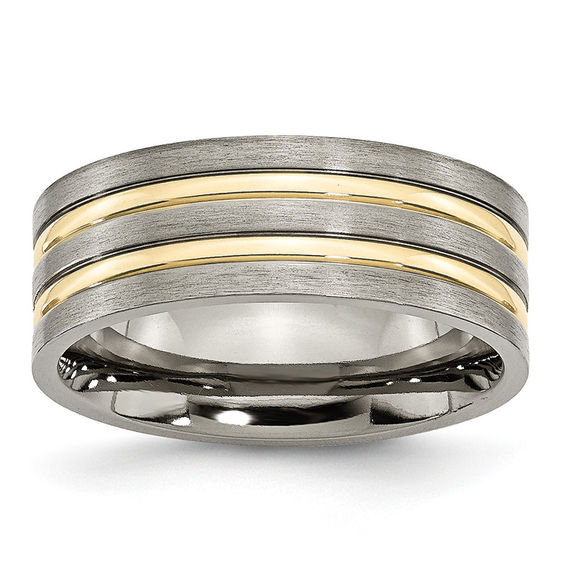 Men's 8.0mm Yellow IP Double Stripe Groove Brushed Wedding Band in Titanium Men's 8.0mm Yellow IP Double Stripe Groove Brushed Wedding Band in Titanium