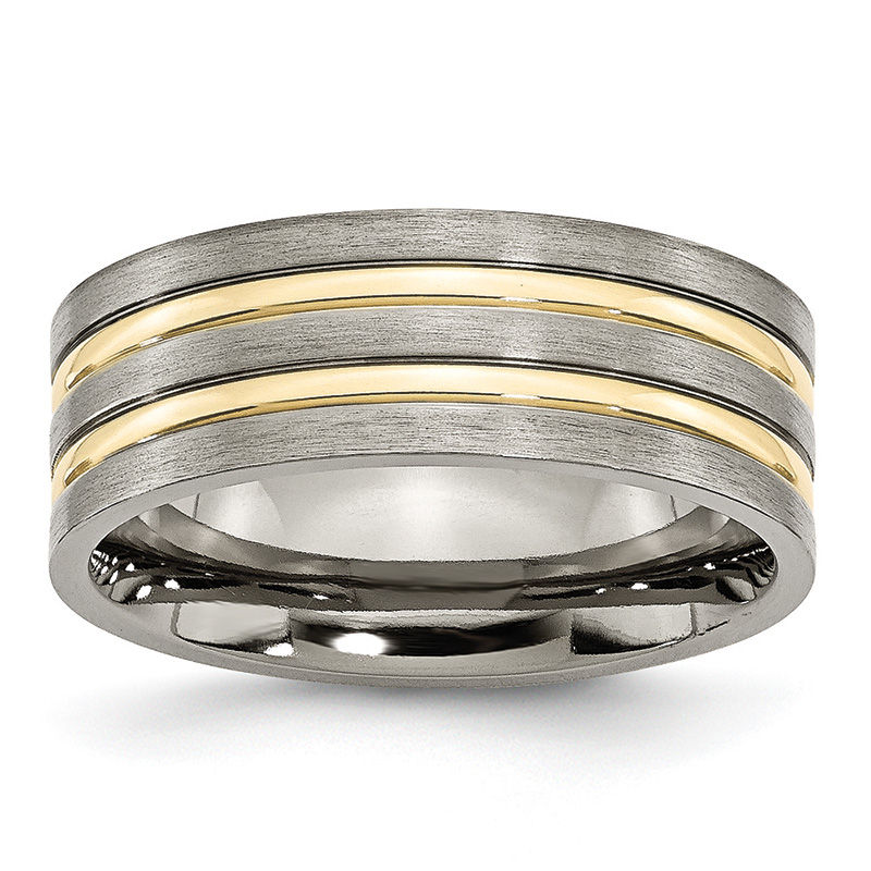 Men's 8.0mm Yellow IP Double Stripe Groove Brushed Wedding Band in Titanium|Peoples Jewellers