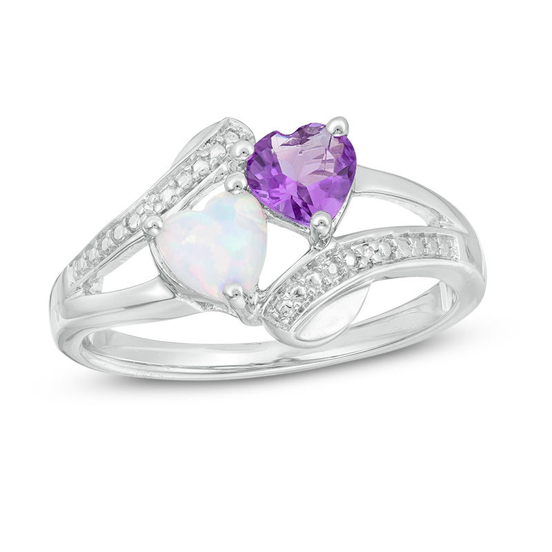 Heart-Shaped Amethyst, Lab-Created Opal and Diamond Accent Two Stone Slant Split Shank Ring in Sterling Silver