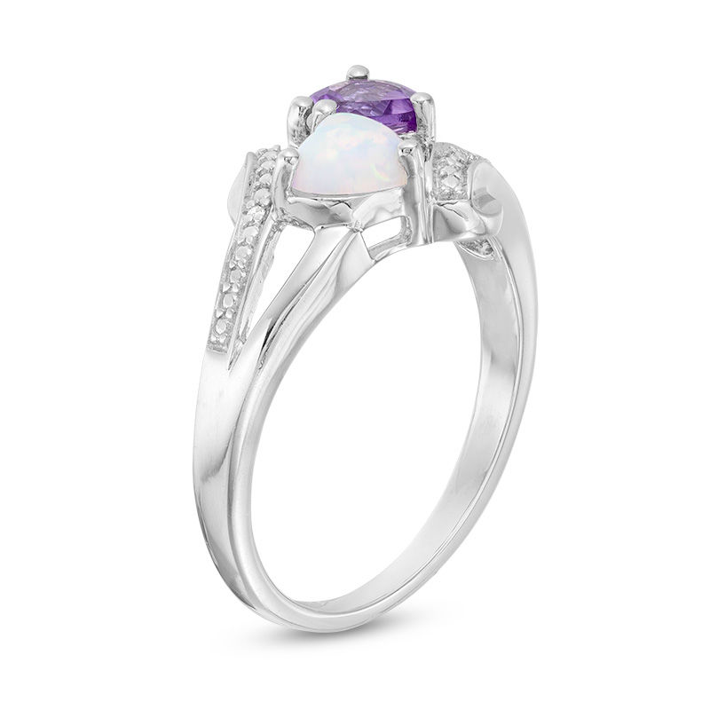 Main Image 3 of Heart-Shaped Amethyst, Lab-Created Opal and Diamond Accent Two Stone Slant Split Shank Ring in Sterling Silver