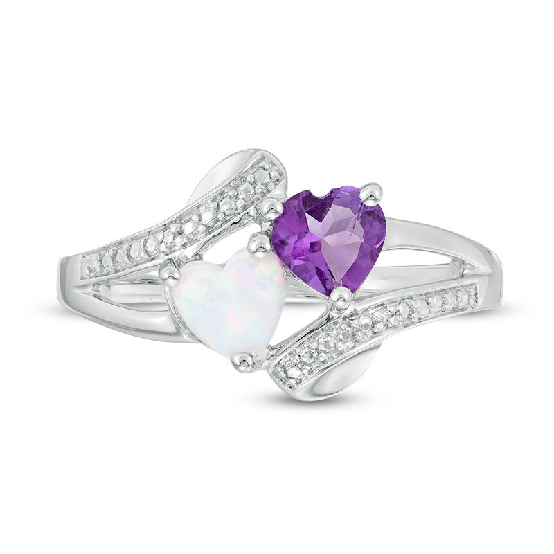 Main Image 4 of Heart-Shaped Amethyst, Lab-Created Opal and Diamond Accent Two Stone Slant Split Shank Ring in Sterling Silver