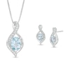 Thumbnail Image 0 of Oval Aquamarine and Lab-Created White Sapphire Flame Pendant and Drop Earrings Set in Sterling Silver