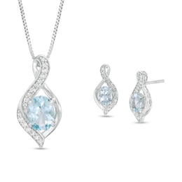 Oval Aquamarine and Lab-Created White Sapphire Flame Pendant and Drop Earrings Set in Sterling Silver