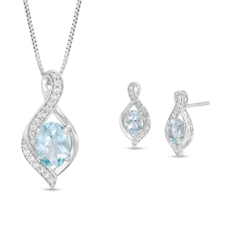 Oval Aquamarine and Lab-Created White Sapphire Flame Pendant and Drop Earrings Set in Sterling Silver