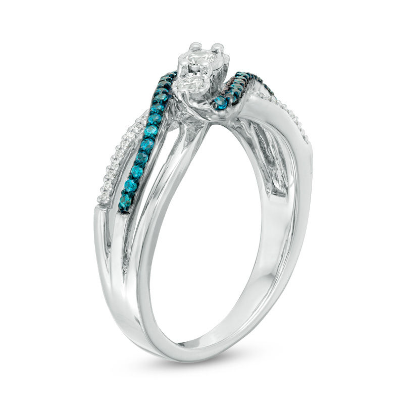 Main Image 2 of 0.29 CT. T.W. Enhanced Blue and White Diamond Three Stone Bypass Ring in Sterling Silver