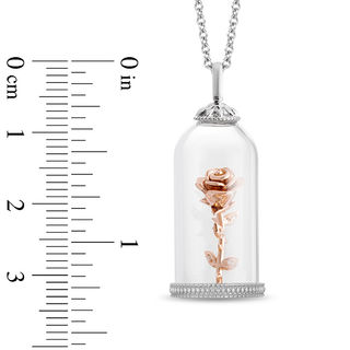Enchanted Disney Belle Diamond Accent Rose in Glass Dome Pendant in Sterling Silver and 10K Rose Gold - 24"