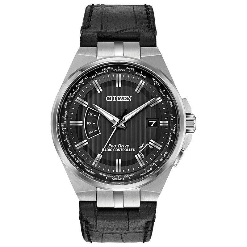 Men's Citizen Eco-Drive® World Perpetual A-T Strap Watch with Black Dial (Model: CB0160-00E)