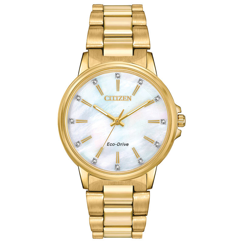 Ladies' Citizen Eco-Drive® Chandler Crystal Accent Gold-Tone Watch with Mother-of-Pearl Dial (Model: FE7032-51D)
