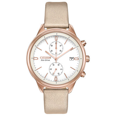 Ladies' Citizen Eco-Drive® Chandler Rose-Tone IP Chronograph Strap Watch with White Dial (Model: FB2003-05A)