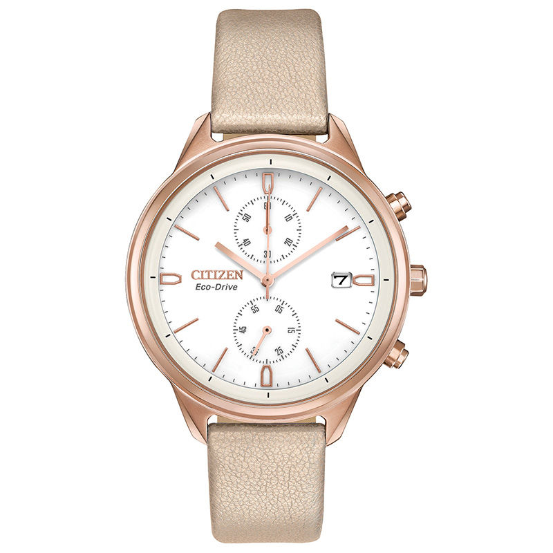 Ladies' Citizen Eco-Drive® Chandler Rose-Tone IP Chronograph Strap Watch with White Dial (Model: FB2003-05A)