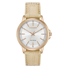 Ladies' Citizen Eco-Drive® Chandler Crystal Accent Rose-Tone Strap Watch with Silver-Tone Dial (Model: FE7033-08A)