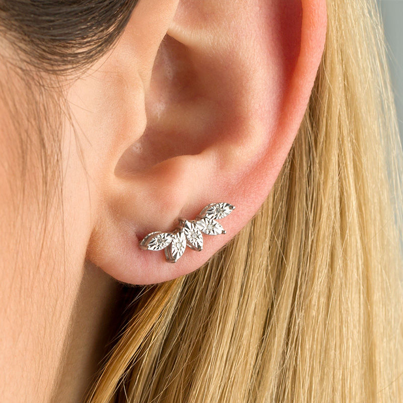 0.04 CT. T.W. Diamond Leaf Fan Crawler Earrings in Sterling Silver