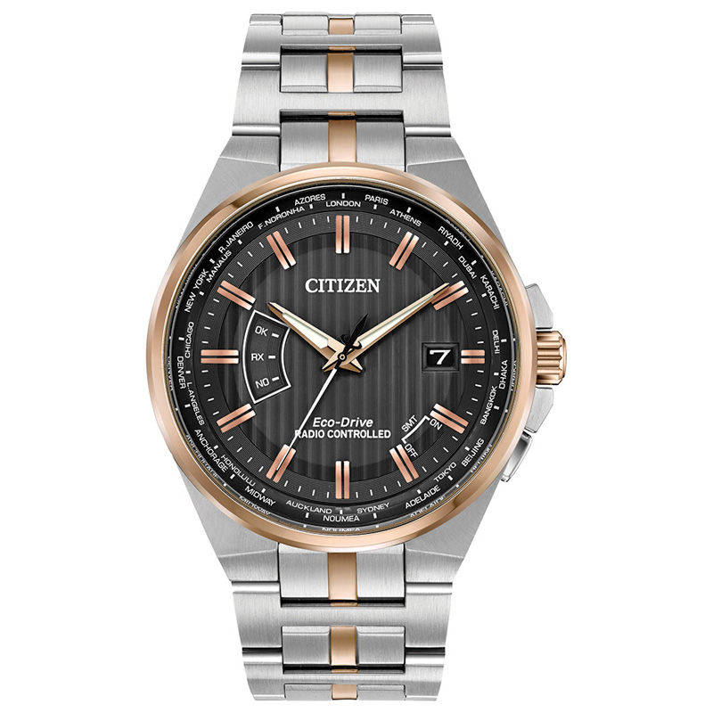 Men's Citizen Eco-Drive® World Perpetual A-T Two-Tone Watch with Grey Dial (Model: CB0166-54H)