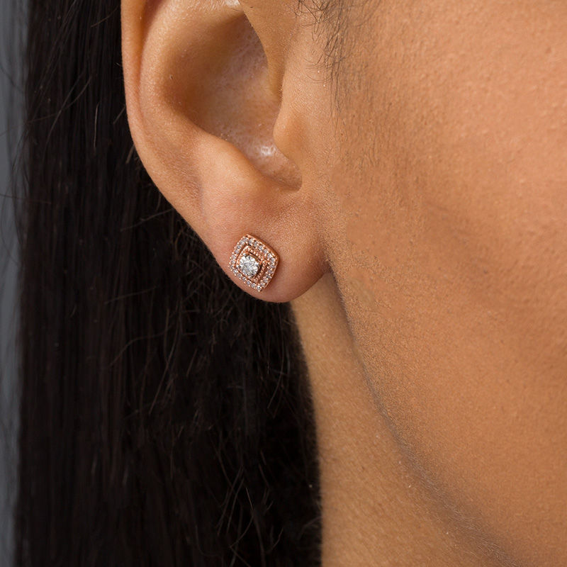 Main Image 2 of 0.15 CT. T.W. Diamond Cushion Frame Vintage-Style Stud Earrings in 10K Rose Gold