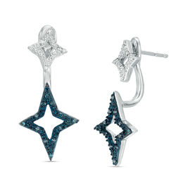 0.09 CT. T.W. Enhanced Green and White Diamond Double Star Front/Back Earrings in Sterling Silver