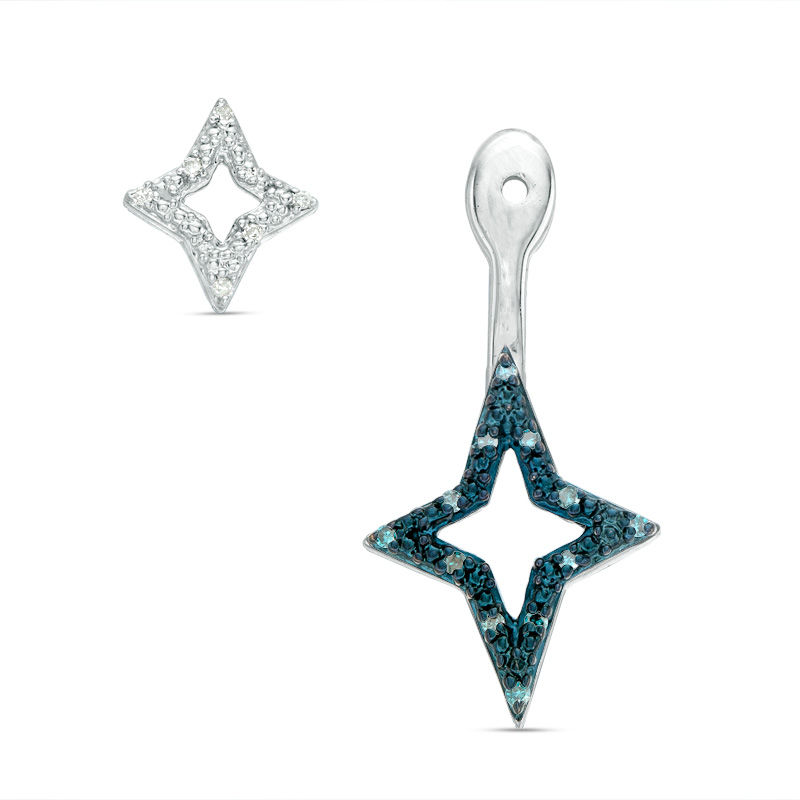 Main Image 2 of 0.09 CT. T.W. Enhanced Green and White Diamond Double Star Front/Back Earrings in Sterling Silver