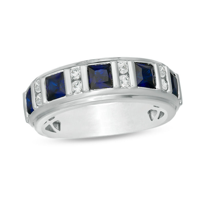Men's Square-Cut Lab-Created Blue and White Sapphire Alternating Band in Sterling Silver|Peoples Jewellers