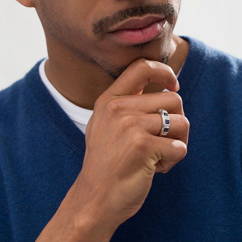 Men's Square-Cut Lab-Created Blue and White Sapphire Alternating Band in Sterling Silver