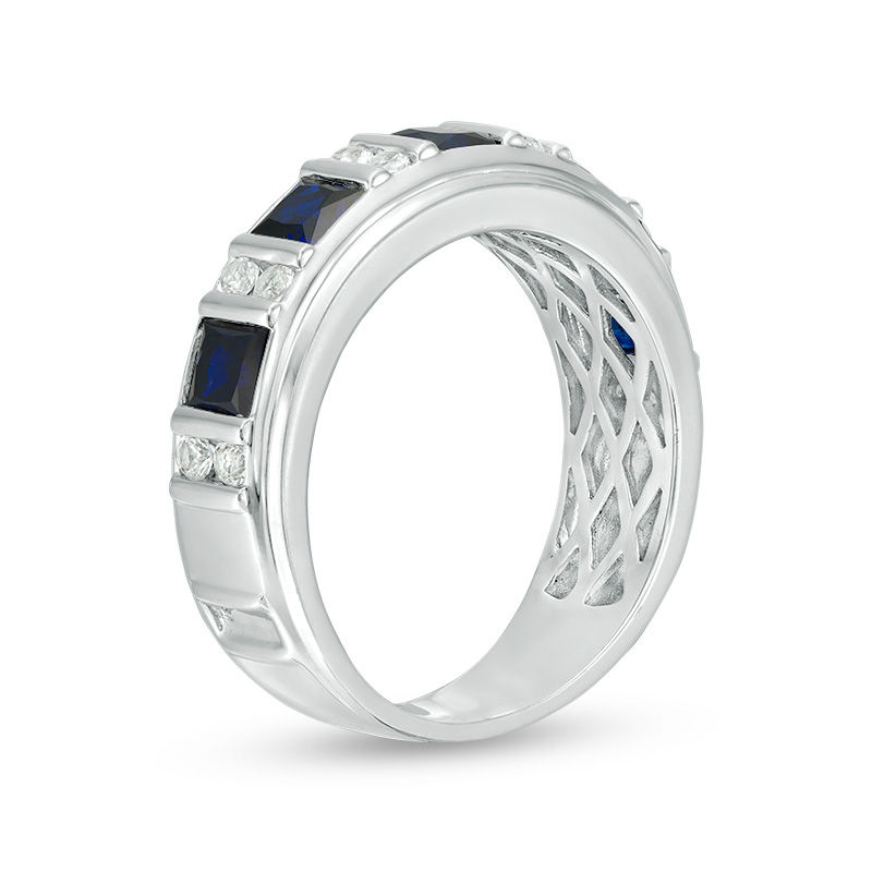 Men's Square-Cut Lab-Created Blue and White Sapphire Alternating Band in Sterling Silver
