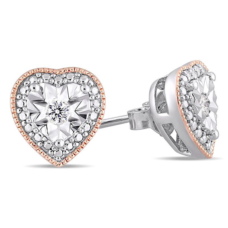 Main Image 2 of 0.10 CT. T.W. Diamond Vintage-Style Heart Solitaire Stud Earrings in Sterling Silver with Rose Rhodium
