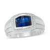 Thumbnail Image 0 of Men's Barrel Lab-Created Ceylon Blue and White Sapphire Frame Stepped Shank Ring in Sterling Silver