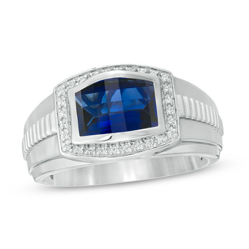 Men's Barrel Lab-Created Ceylon Blue and White Sapphire Frame Stepped Shank Ring in Sterling Silver