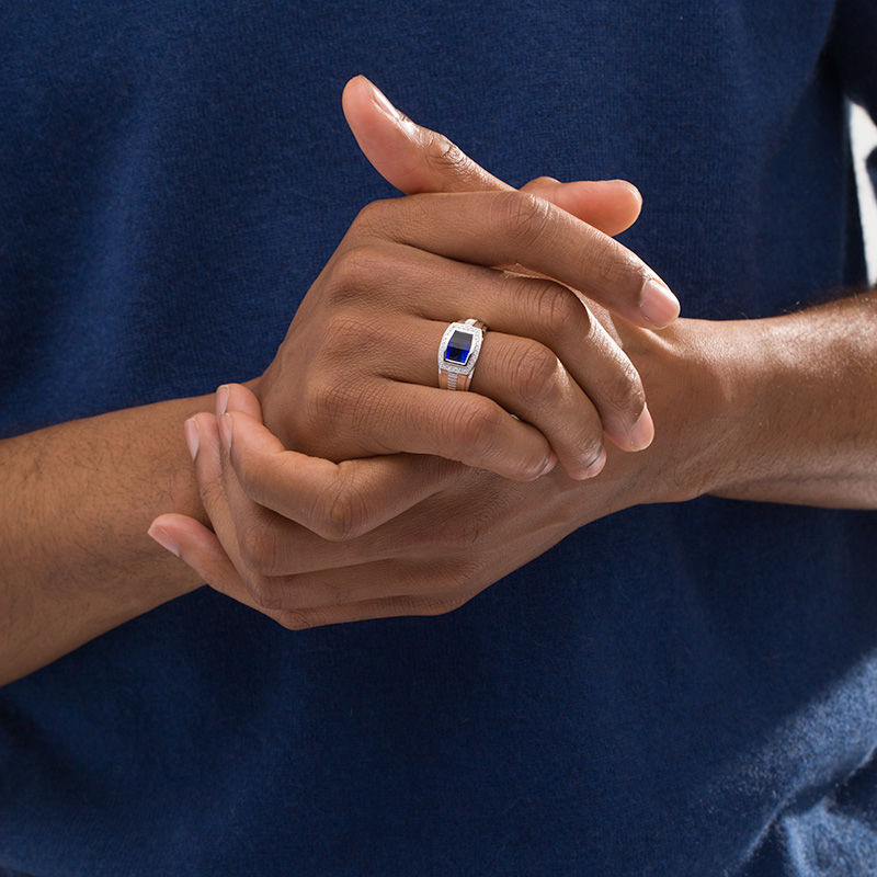 Men's Barrel Lab-Created Ceylon Blue and White Sapphire Frame Stepped Shank Ring in Sterling Silver