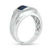 Thumbnail Image 2 of Men's Barrel Lab-Created Ceylon Blue and White Sapphire Frame Stepped Shank Ring in Sterling Silver