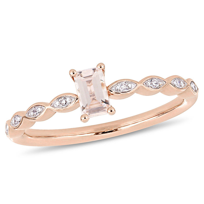 Emerald-Cut Morganite and 0.04 CT. T.W. Diamond Art Deco Promise Ring in 10K Rose Gold