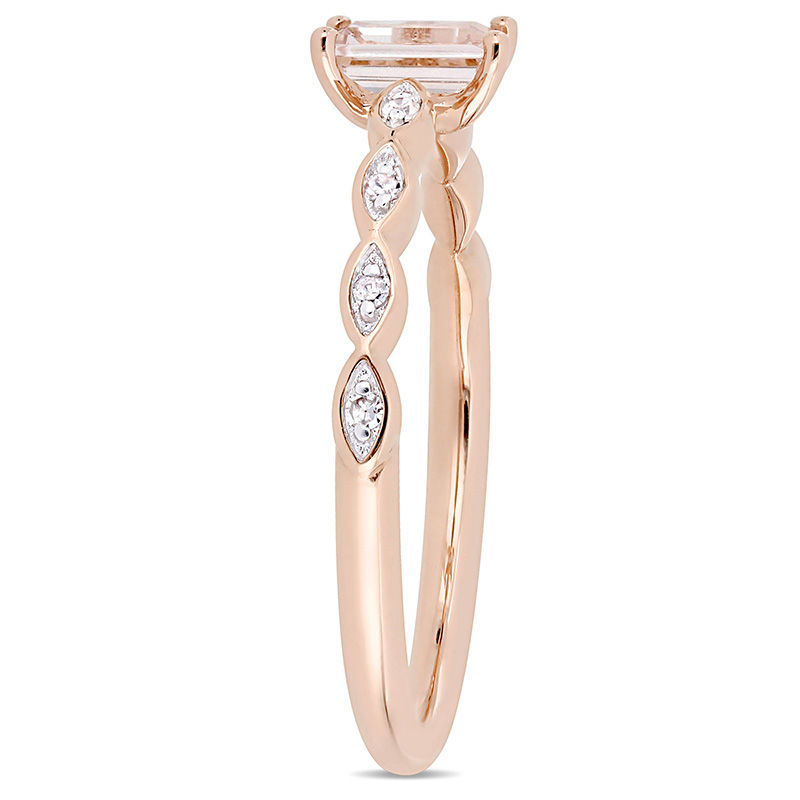 Main Image 2 of Emerald-Cut Morganite and 0.04 CT. T.W. Diamond Art Deco Promise Ring in 10K Rose Gold